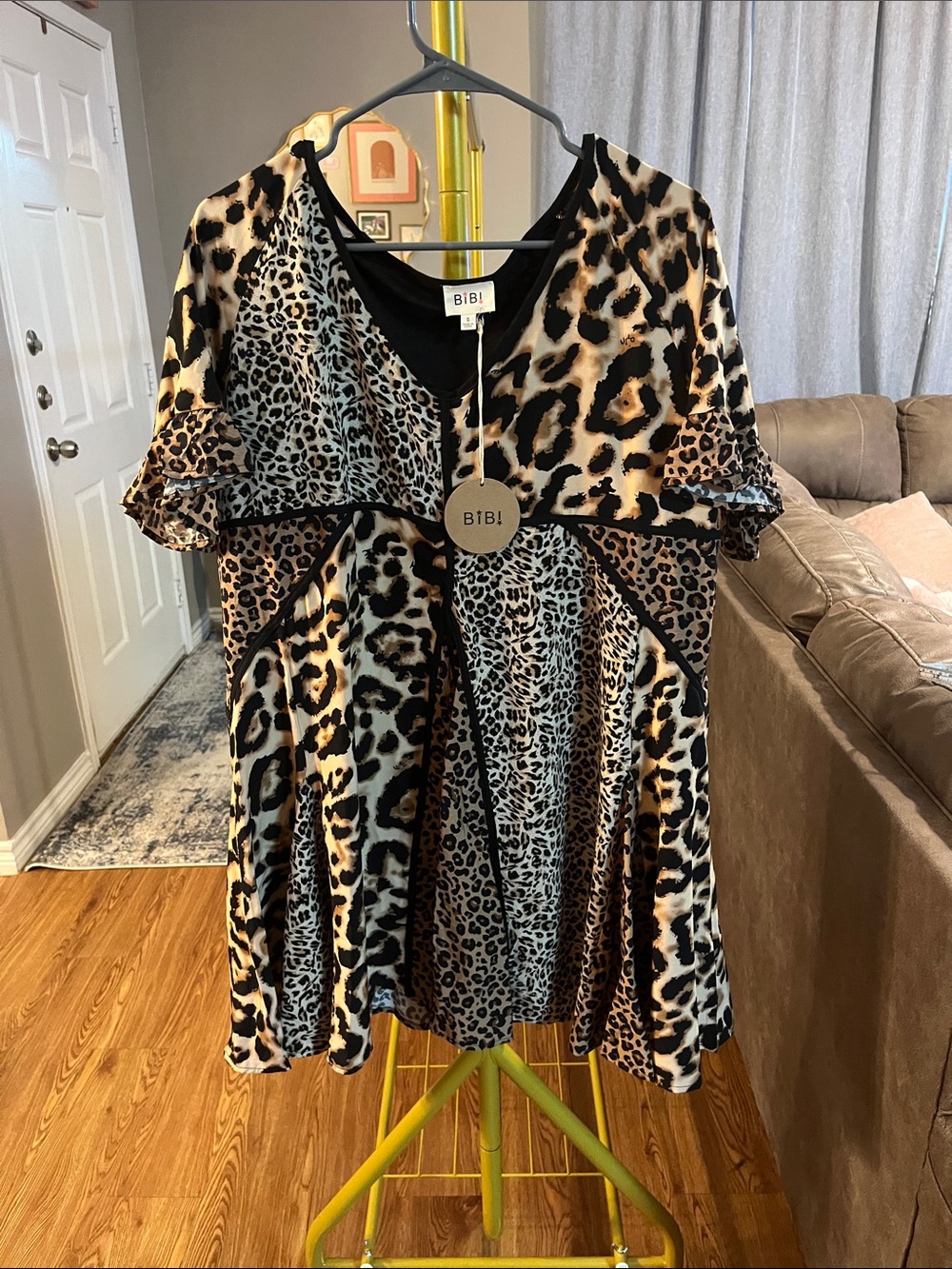 BiBi Leopard Patchwork V-Neck Dress in Black, Brown & Cream
